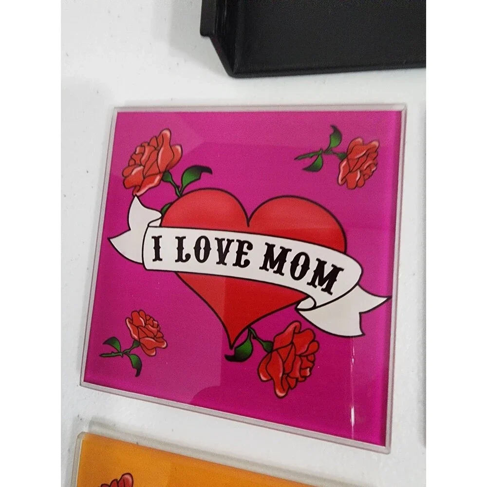 Mothers Day Gift I Love Mom Glass Coasters Hearts Roses Set Of 4 W/Case TMD